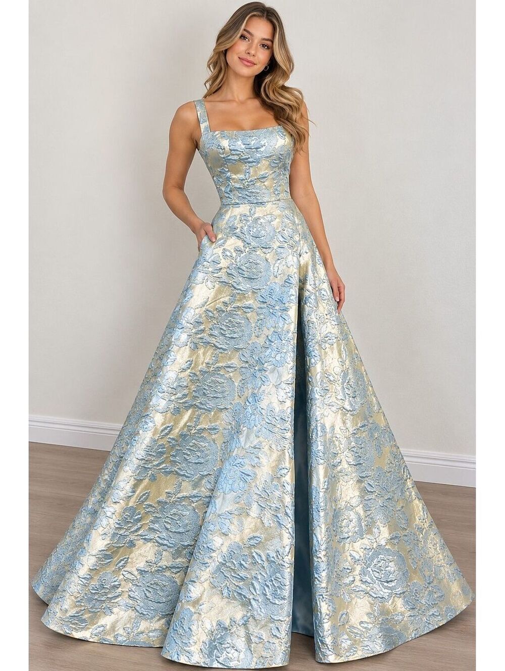 B Darlin Blue Gold Floral Brocade Ball Gown Dress 7/8 Lace Up Back Party Wedding